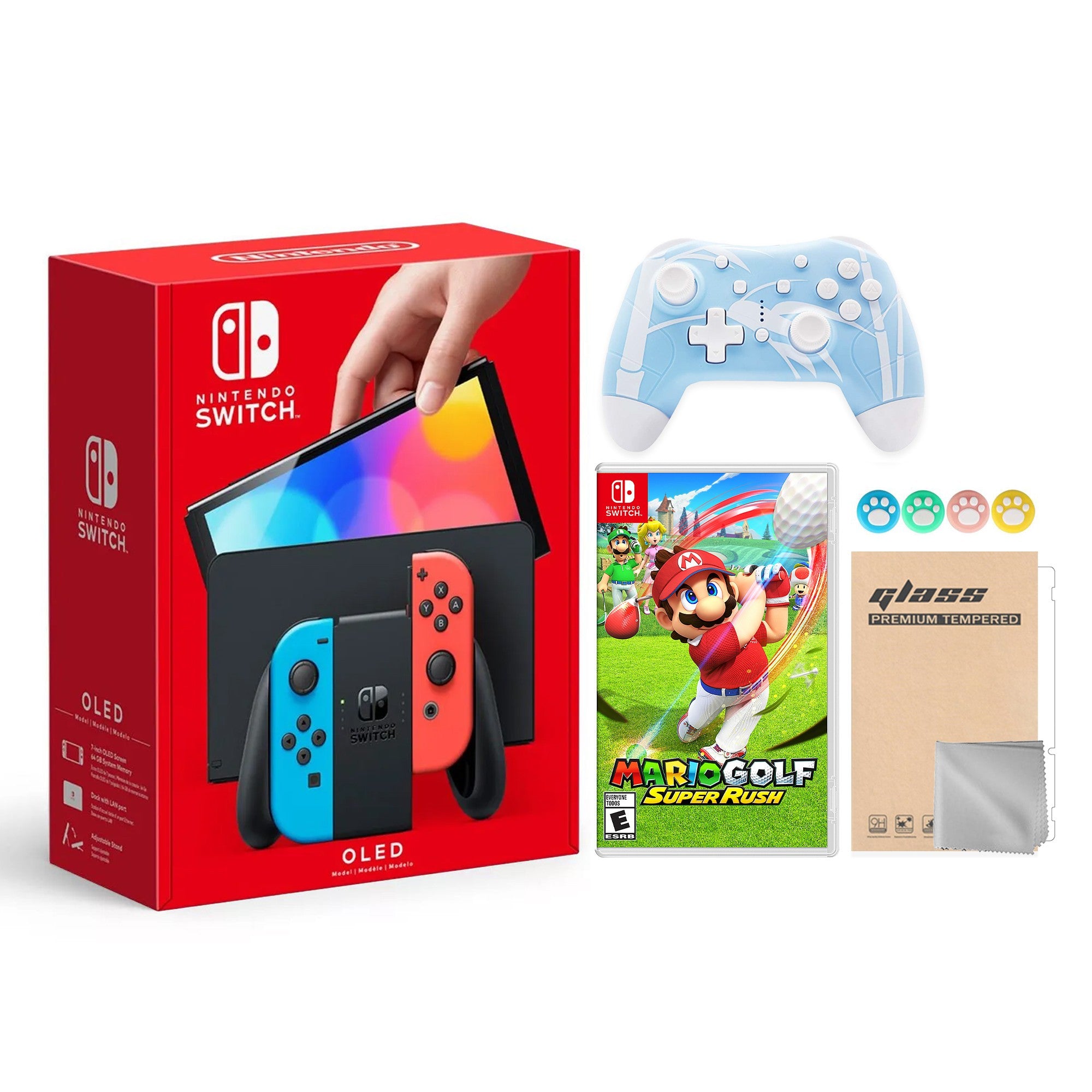 2022 New Nintendo Switch OLED Model Neon Red & Blue Joy Con 64GB Console HD Screen & LAN-Port Dock with Mario Golf: Super Rush, Mytrix Wireless Switch Pro Controller and Accessories