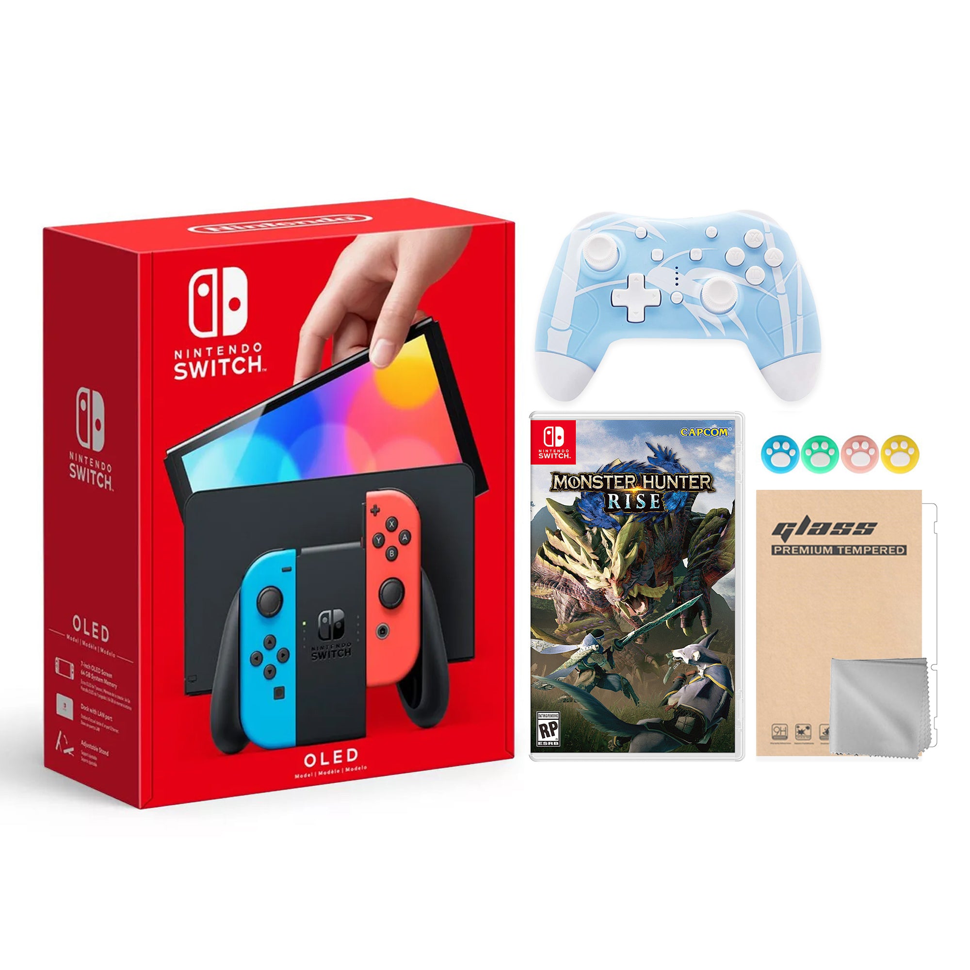 2021 New Nintendo Switch OLED Model Neon Red & Blue Joy Con 64GB Console HD Screen & LAN-Port Dock with Monster Hunter: Rise And Mytrix Wireless Switch Pro Controller and Accessories