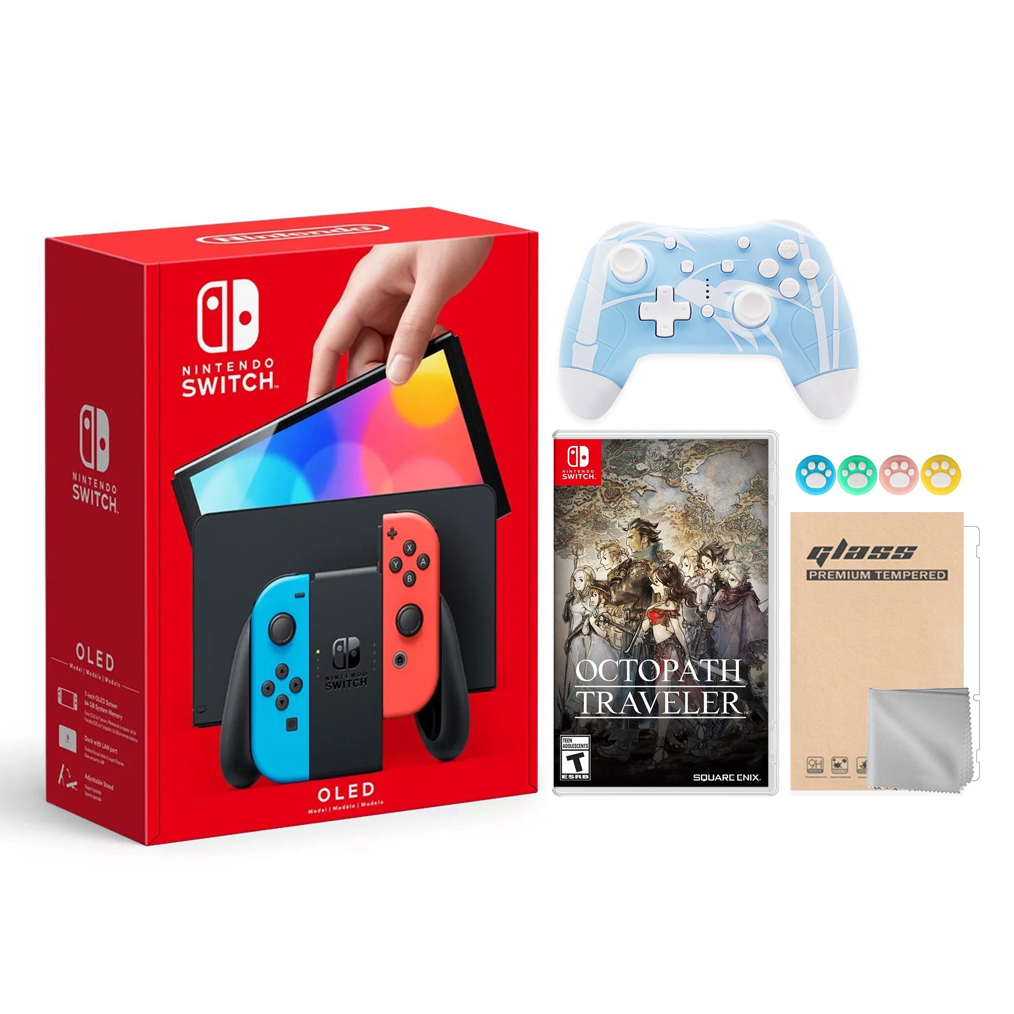 2022 New Nintendo Switch OLED Model Neon Red & Blue Joy Con 64GB Console HD Screen & LAN-Port Dock with Octopath Traveler, Mytrix Wireless Switch Pro Controller and Accessories