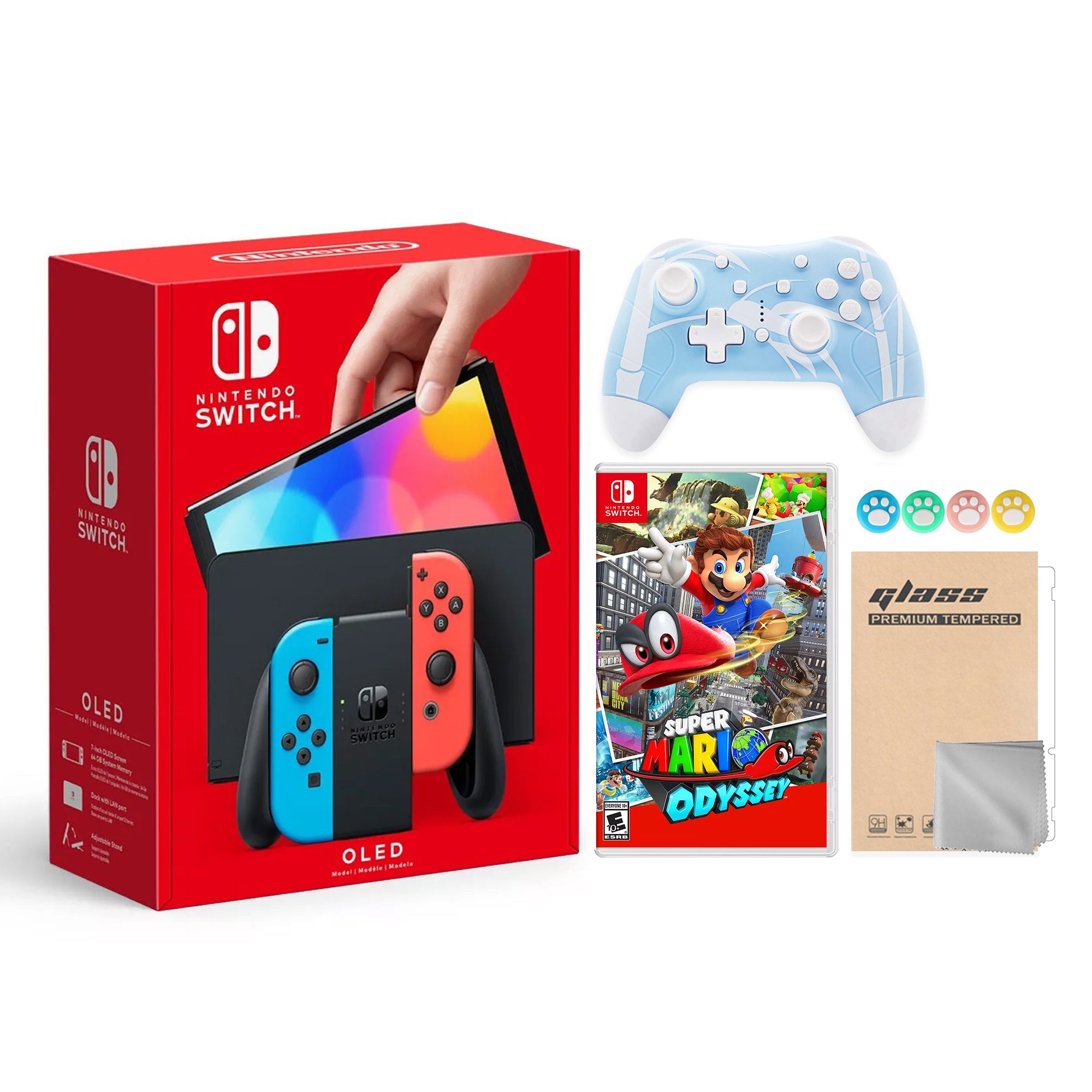 2022 New Nintendo Switch OLED Model Neon Red & Blue Joy Con 64GB Console HD Screen & LAN-Port Dock with Super Mario Odyssey, Mytrix Wireless Switch Pro Controller and Accessories