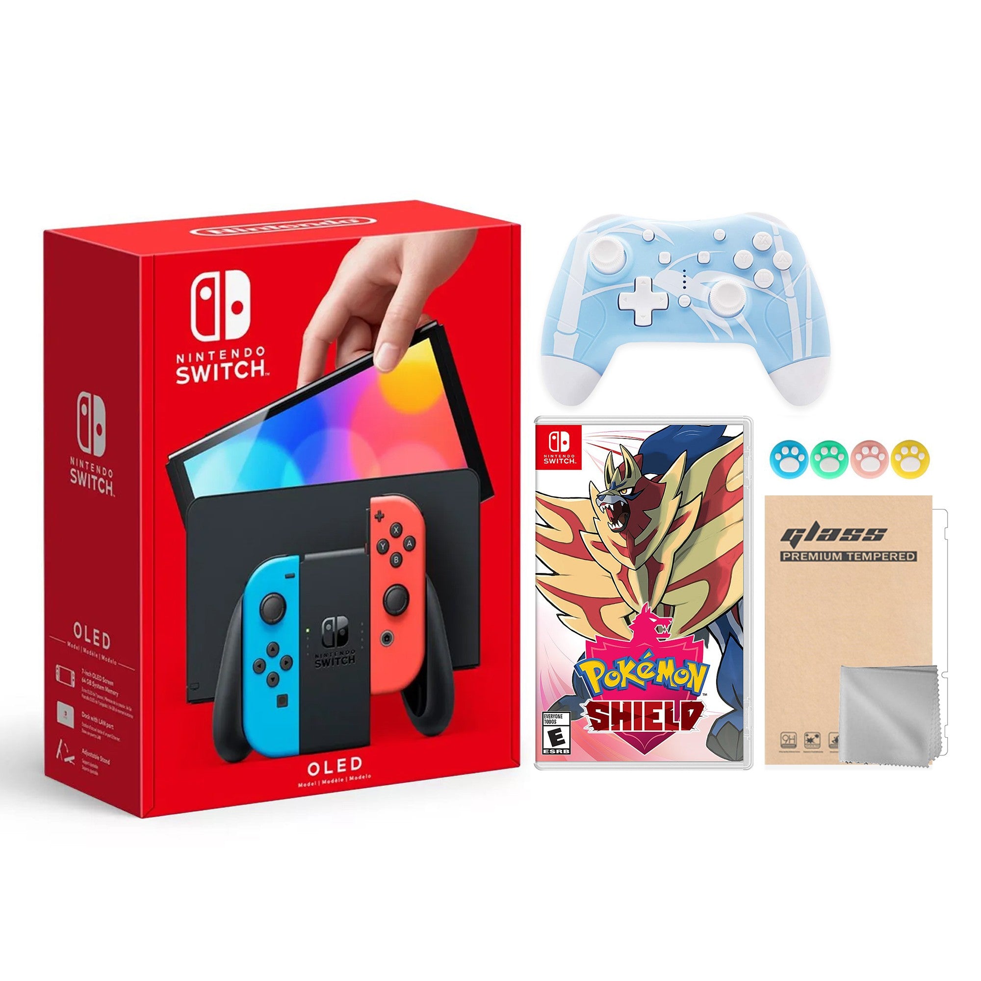 2022 New Nintendo Switch OLED Model Neon Red & Blue Joy Con 64GB Console HD Screen & LAN-Port Dock with Pokemon Shield, Mytrix Wireless Switch Pro Controller and Accessories