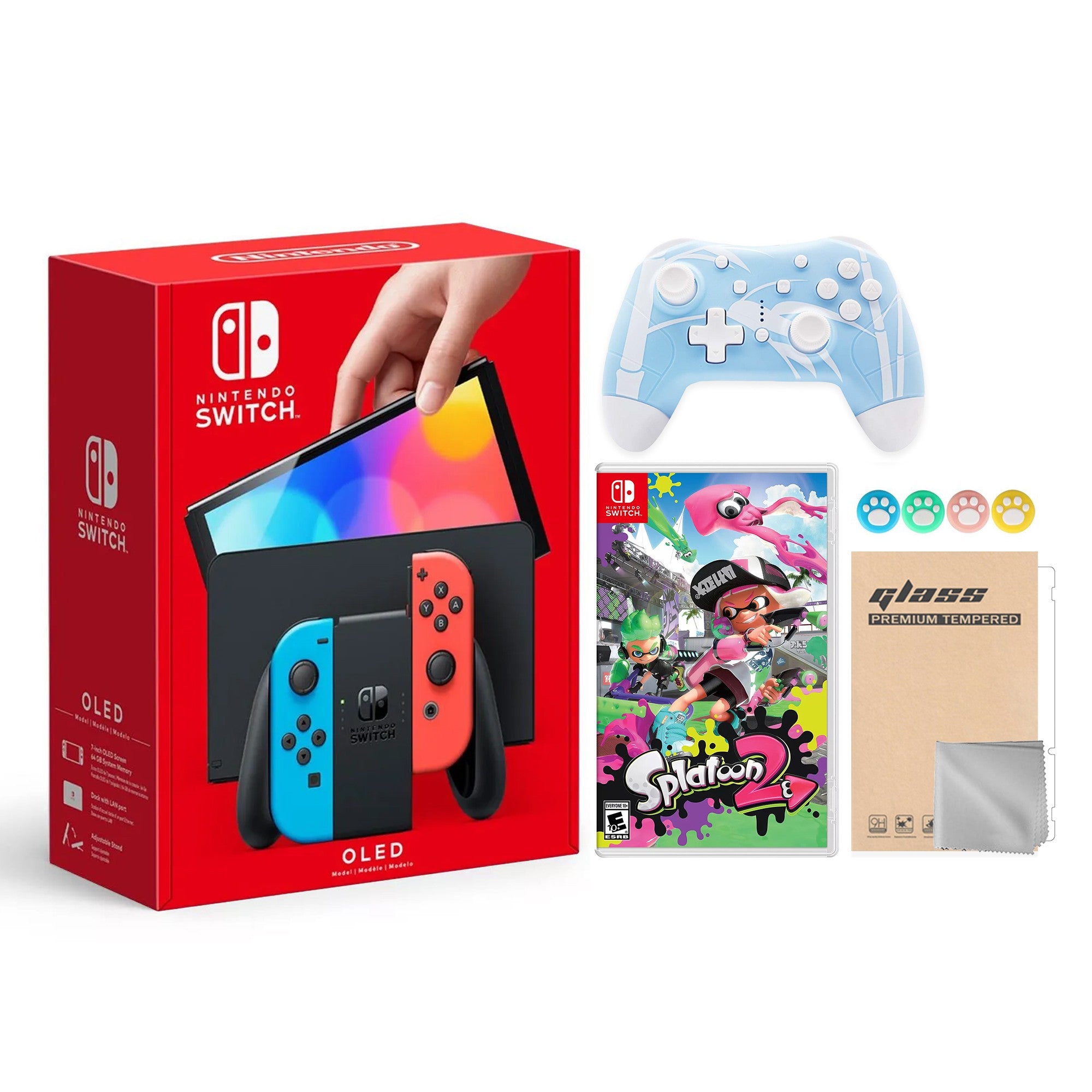 2022 New Nintendo Switch OLED Model Neon Red & Blue Joy Con 64GB Console HD Screen & LAN-Port Dock with Splatoon 2, Mytrix Wireless Switch Pro Controller and Accessories