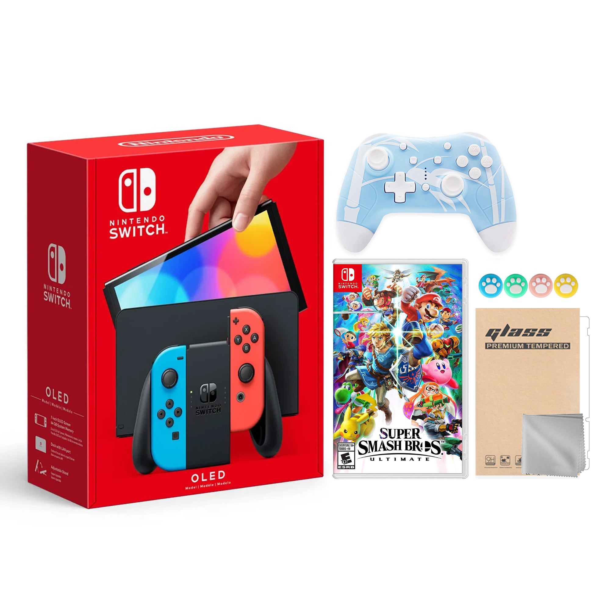 2022 New Nintendo Switch OLED Model Neon Red & Blue Joy Con 64GB Console HD Screen & LAN-Port Dock with Super Smash Bros. Ultimate, Mytrix Wireless Switch Pro Controller and Accessories
