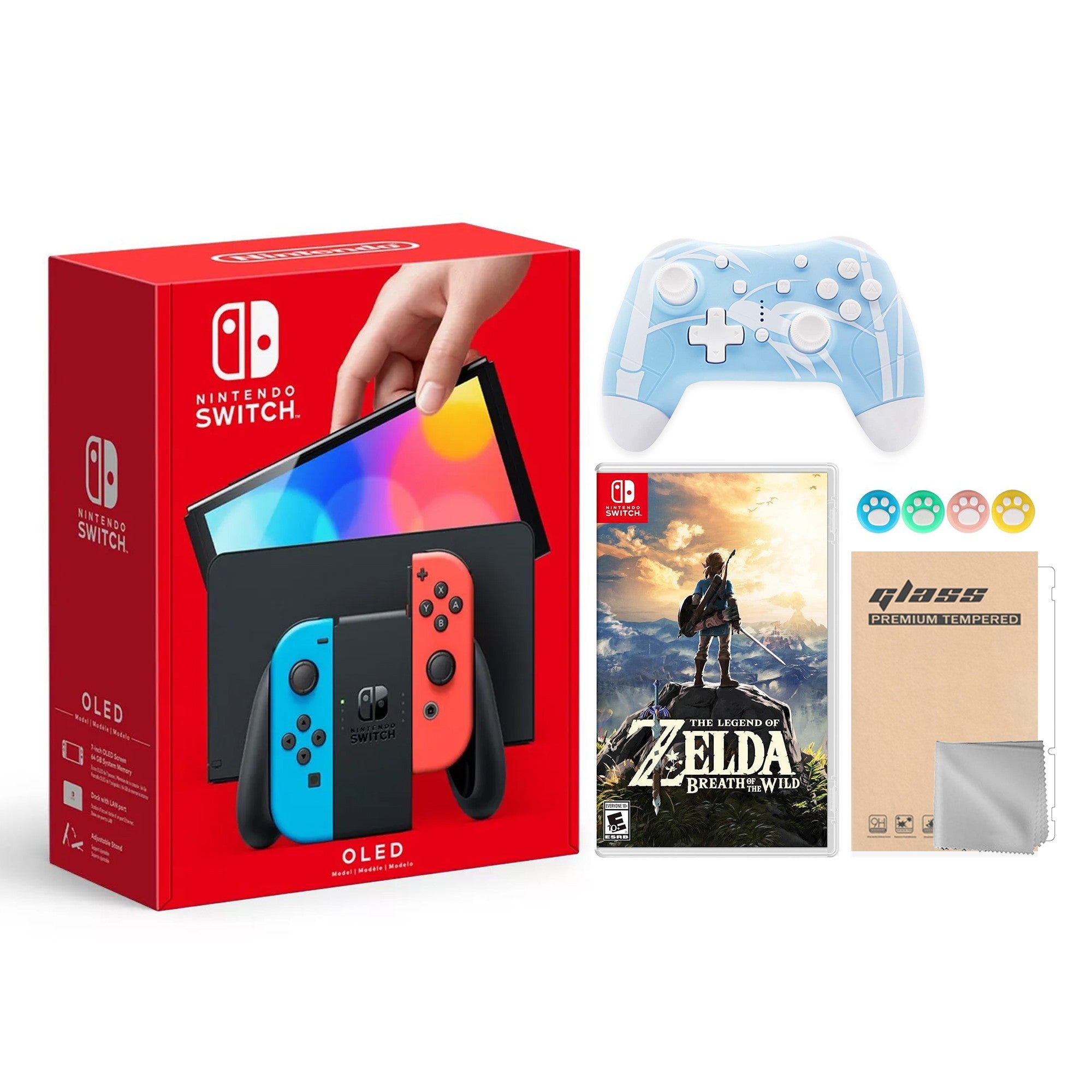 2022 New Nintendo Switch OLED Model Neon Red & Blue Joy Con 64GB Console HD Screen & LAN-Port Dock with The Legend of Zelda: Breath of the Wild, Mytrix Wireless Pro Controller and Accessories