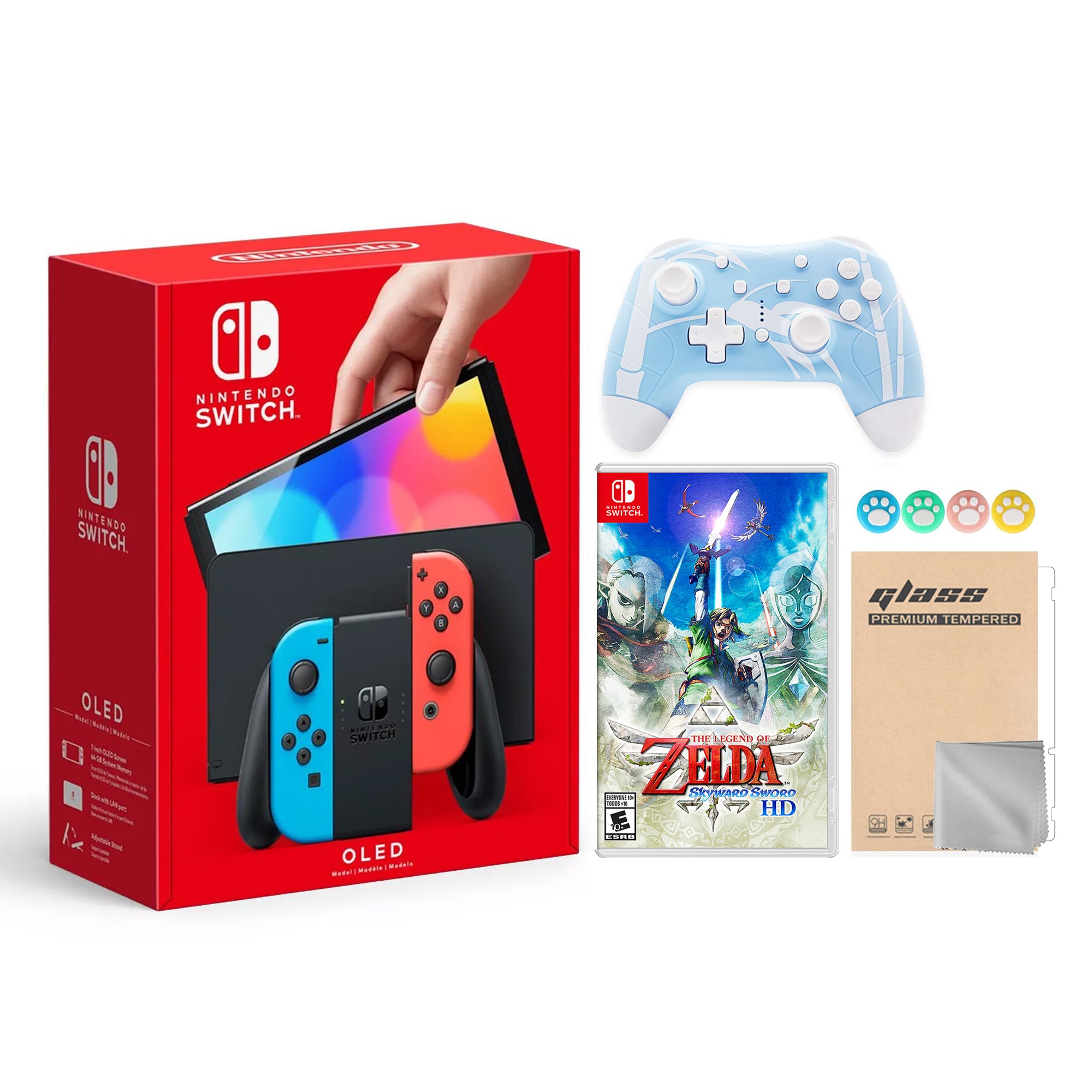 2022 New Nintendo Switch OLED Model Neon Red & Blue Joy Con 64GB Console HD Screen & LAN-Port Dock with The Legend of Zelda: Skyward Sword HD, Mytrix Wireless Switch Pro Controller and Accessories