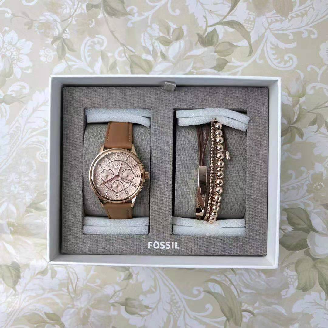 Fossil BQ3297SET Modern Sophisticate Multifunction Tan Leather Watch And Jewelery Gift Set
