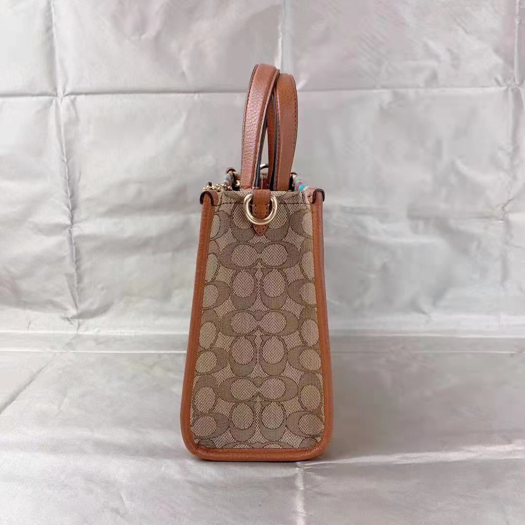 Coach C5637 Dempsey Tote 22 In Signature Jacquard With Stripe And Coach Patch In Khaki/Redwood Multi