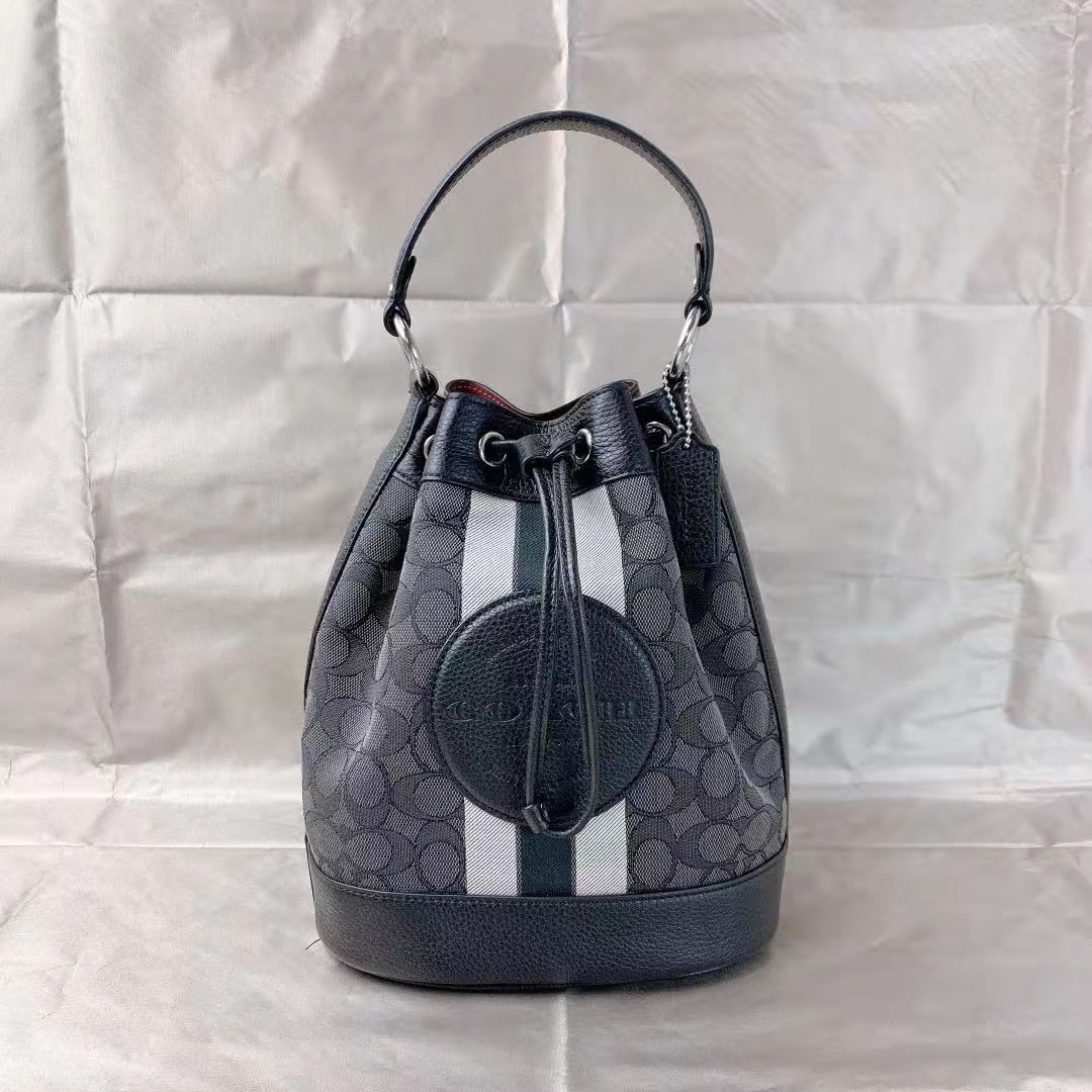 Coach C4102 Dempsey Drawstring Bucket Bag In Signature Jacquard With Stripe And Coach Patch In Black Smoke Black Multi