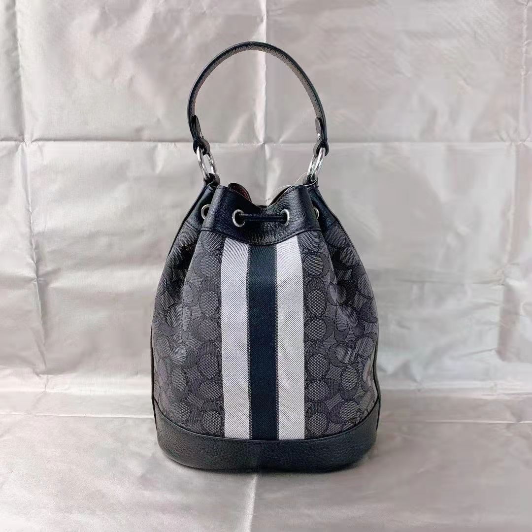 Coach C4102 Dempsey Drawstring Bucket Bag In Signature Jacquard With Stripe And Coach Patch In Black Smoke Black Multi
