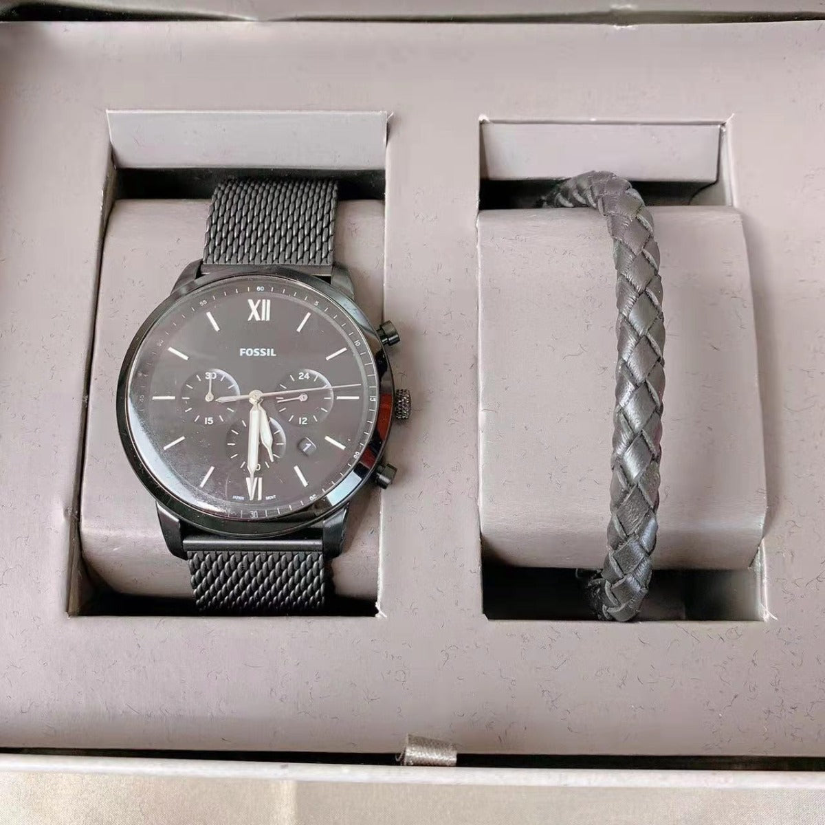 Fossil FS5786SET Neutra Chronograph Black Stainless Steel Mesh Watch and Bracelet Box Set