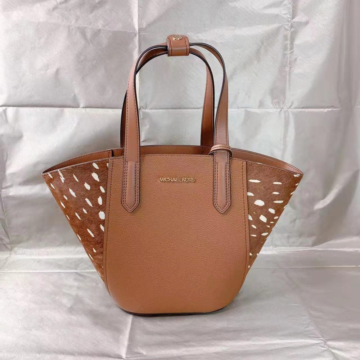MICHAEL KORS 35F1GPAT5H PORTIA SMALL TOTE PEBBLED LEATHER HAIRCALF ACCENT BROWN MULT