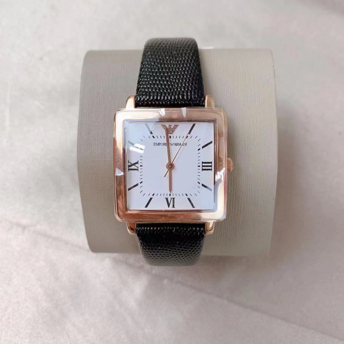 Emporio Armani AR11067 Rose Gold Case Analog Quartz Black Leather Women Watch