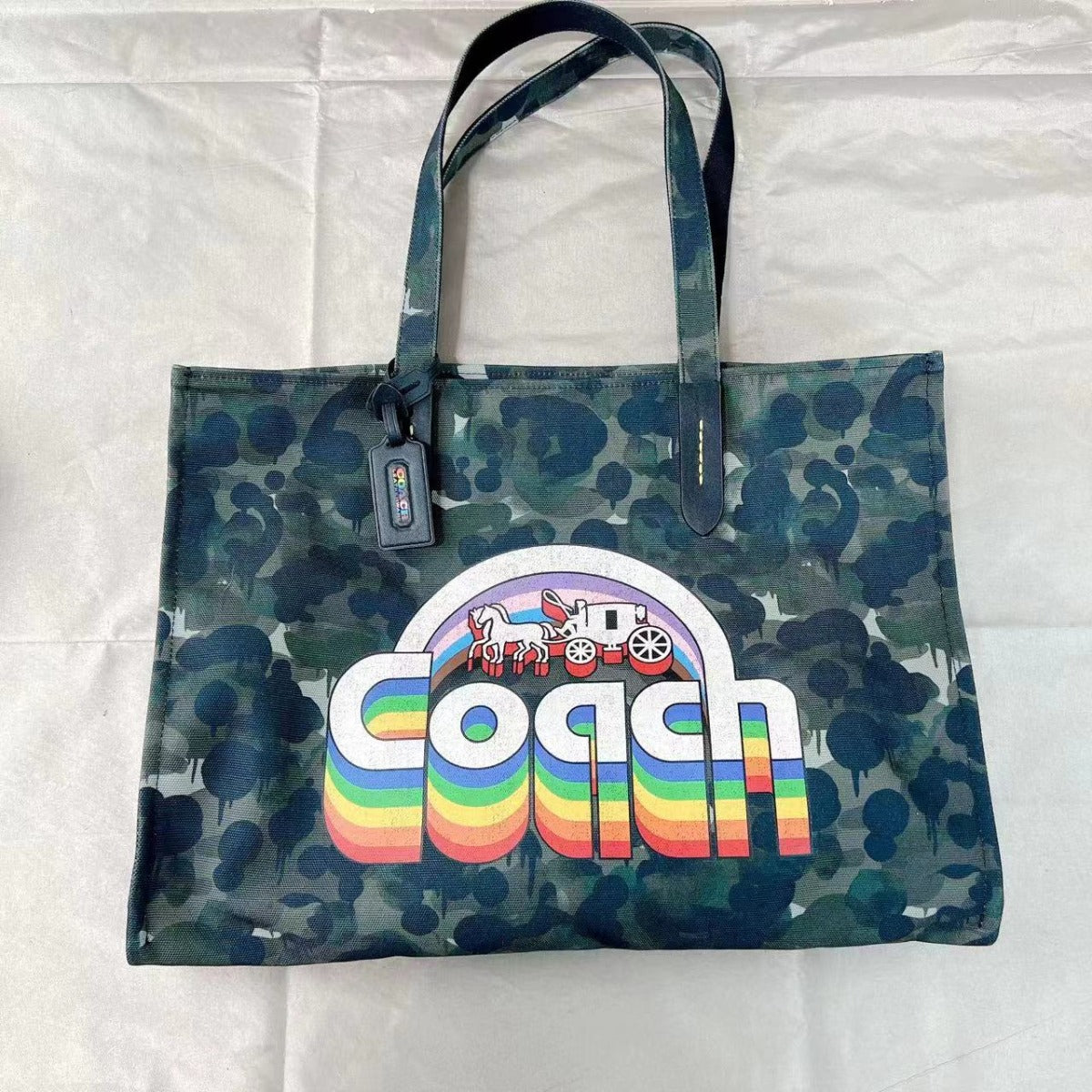 Coach CA303 100 Percent Recycled Canvas Tote 42 In Green/Blue Multi