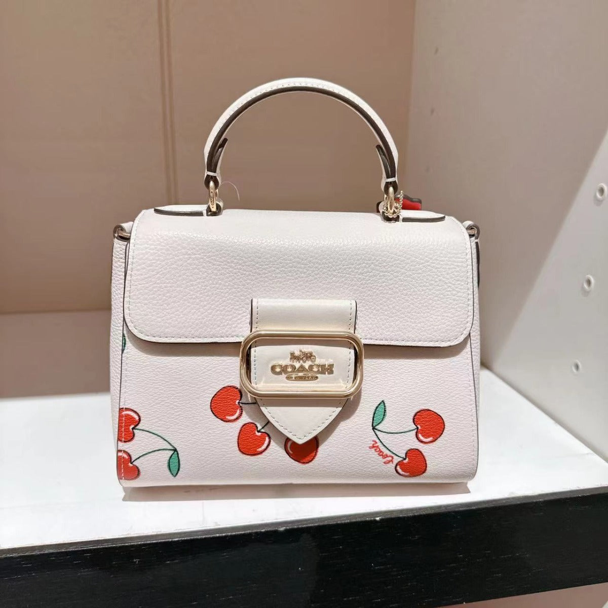 Coach CF419 Morgan Top Handle Satchel With Heart Cherry Print In Gold/Chalk Multi 195031757044
