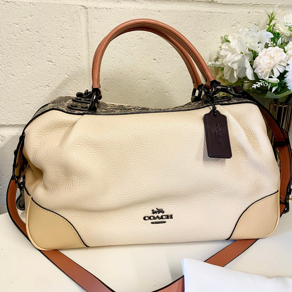 Coach 69622 Lane Satchel In Colorblock With Snakeskin Detail IN Ivory Multi
