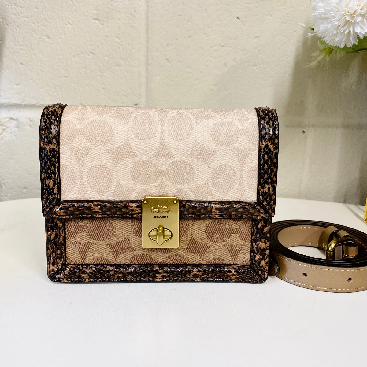 Coach 89237 Hutton Belt Bag In Blocked Signature Canvas With Snakeskin Detail IN Brass Tan Sand
