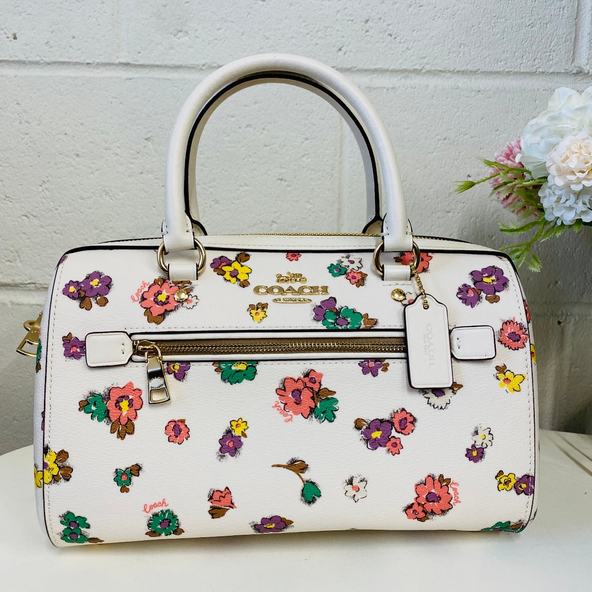 Coach CA229 Rowan Satchel With Spaced Floral Field Print In Gold/Chalk Multi