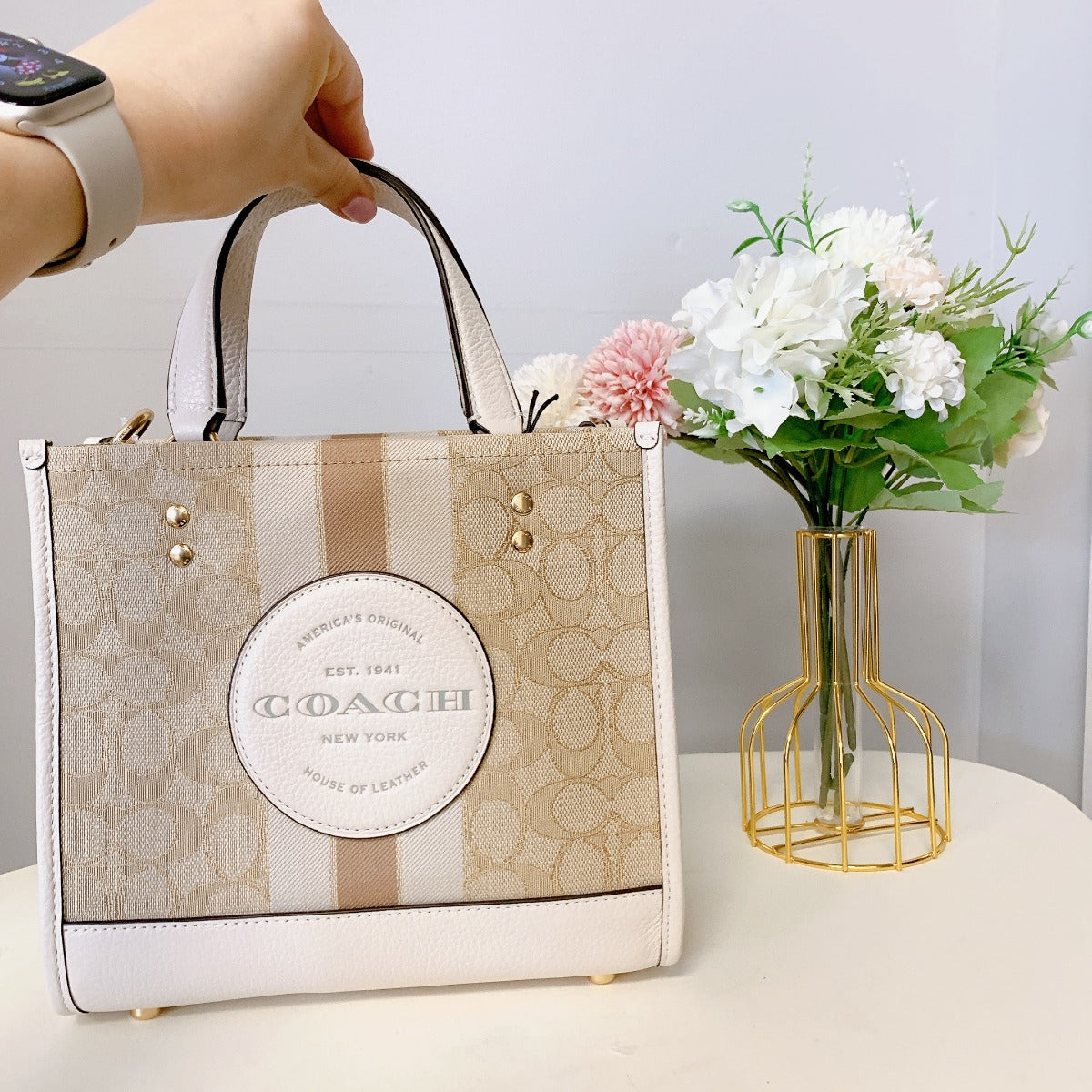 Coach C8448 Dempsey Carryall In Signature Jacquard With Stripe And Coach Patch In Gold/Light Khaki Chalk