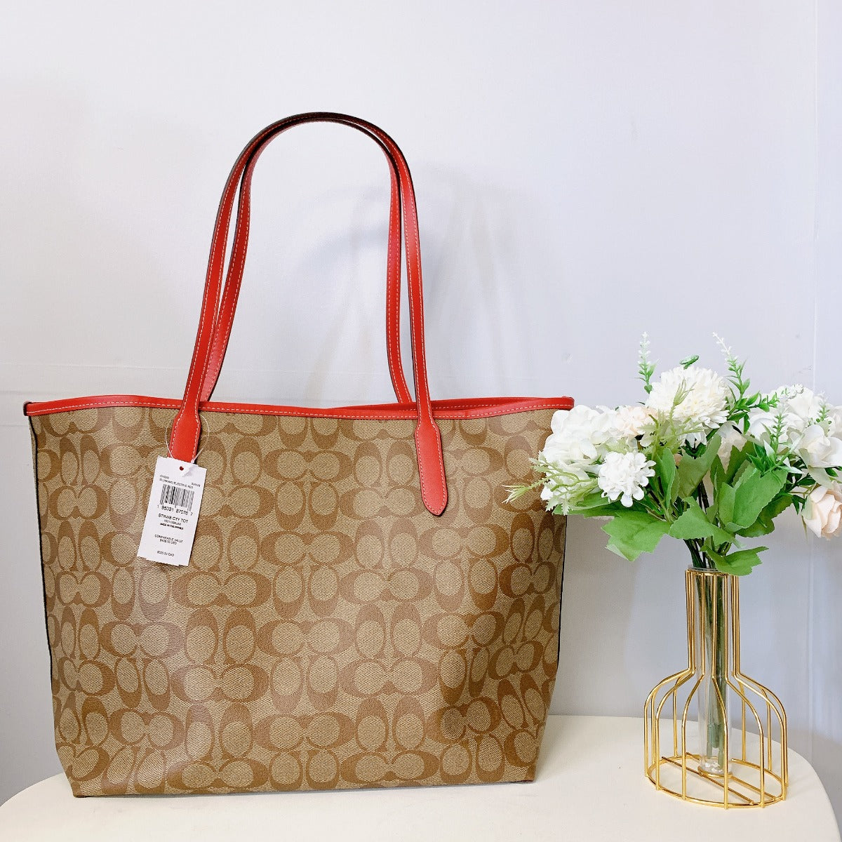 coach CH329 City Tote In Signature Canvas With Wild Strawberry IN Khaki Electric Red