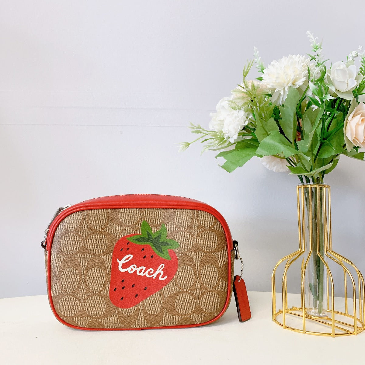 coach CH351 Mini Jamie Camera Bag In Signature Canvas With Wild Strawberry IN Khaki Electric Red