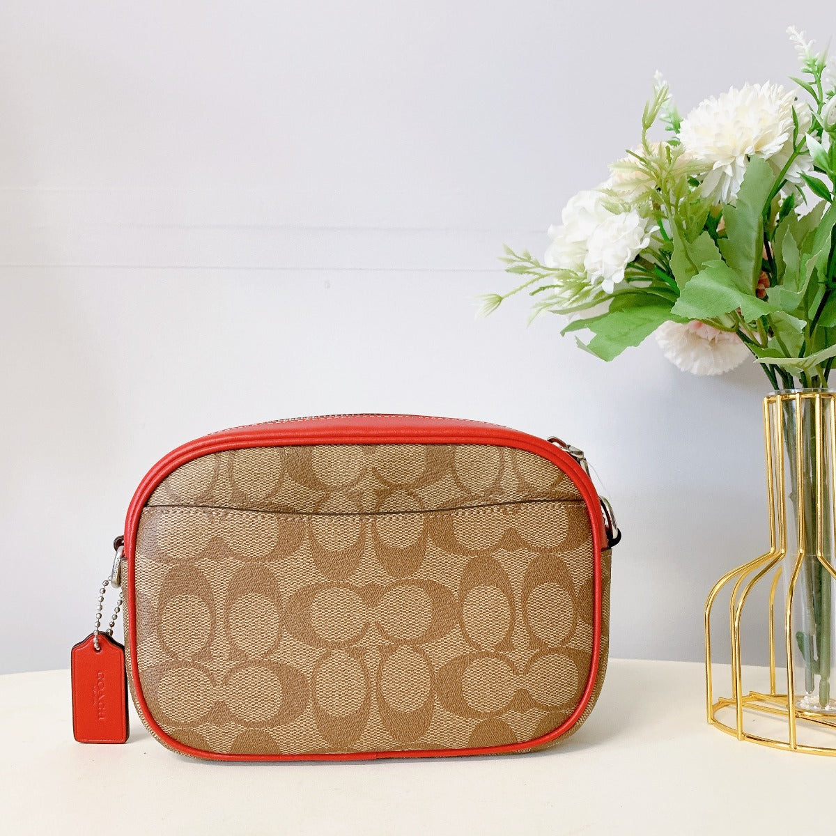 coach CH351 Mini Jamie Camera Bag In Signature Canvas With Wild Strawberry IN Khaki Electric Red