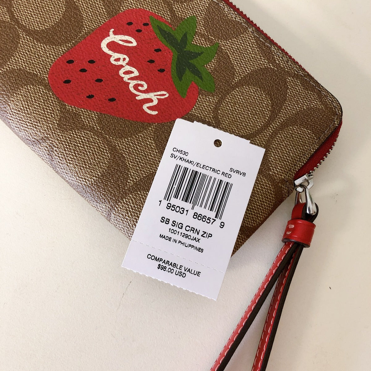 Coach CH530 Corner Zip Wristlet In Signature Canvas With Wild Strawberry IN Khaki Electric Red