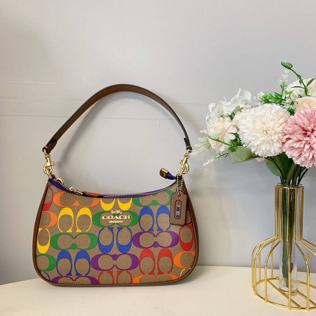 Coach CA176 Teri Shoulder Bag In Rainbow Signature Canvas In Gold/Khaki Multi