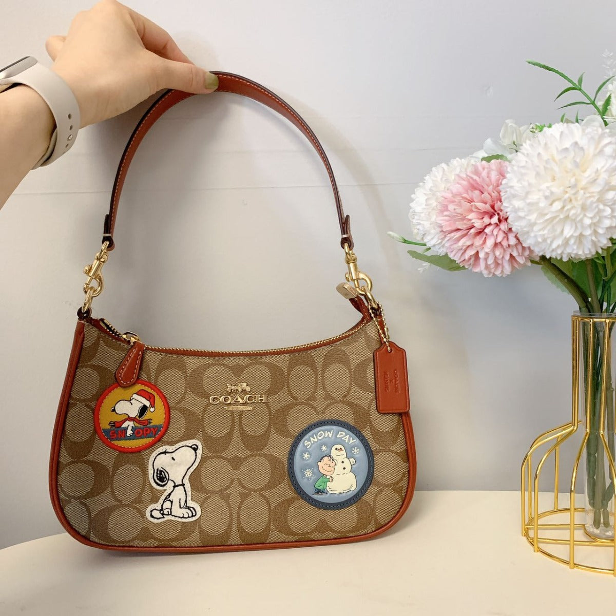 Coach CE848 Coach X Peanuts Teri Shoulder Bag With Patches In Gold/Khaki/Redwood Multi