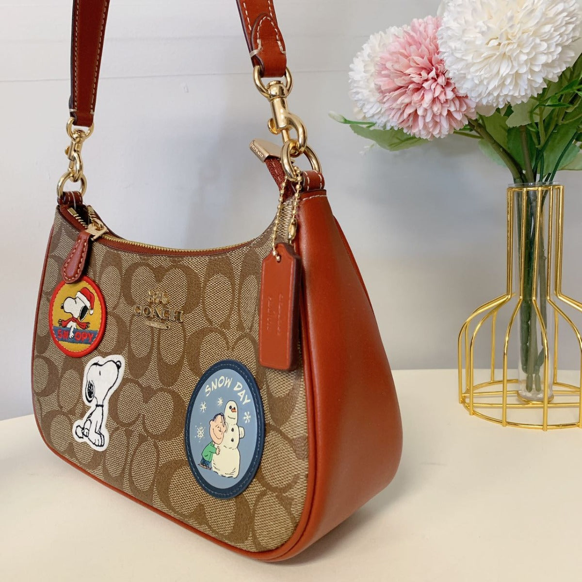 Coach CE848 Coach X Peanuts Teri Shoulder Bag With Patches In Gold/Khaki/Redwood Multi