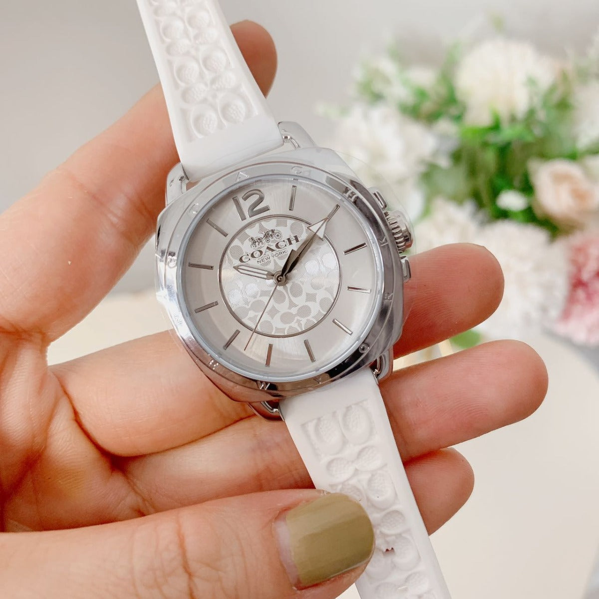 Coach 14503146 Mini Boyfriend Signature White Silicone Strap Silver Tone Watch