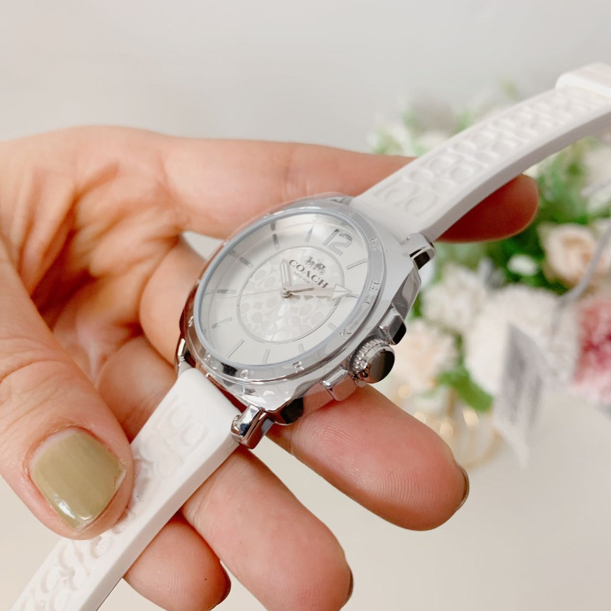 Coach 14503146 Mini Boyfriend Signature White Silicone Strap Silver Tone Watch