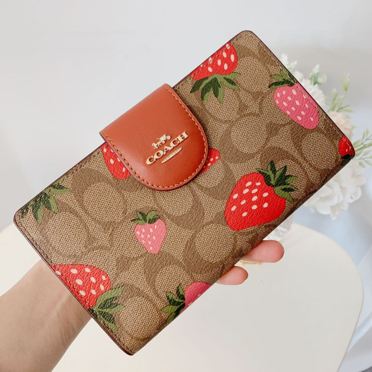 Coach CH165 Tech Wallet In Signature Canvas With Wild Strawberry Print IN Khaki Multi