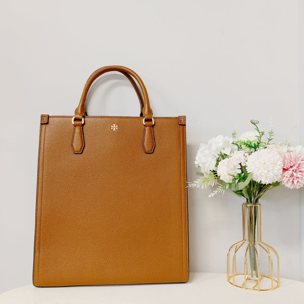 Tory Burch 136173 Blake Black Medium Pebbled Leather Shopping Tote Bag Handbag IN Brown