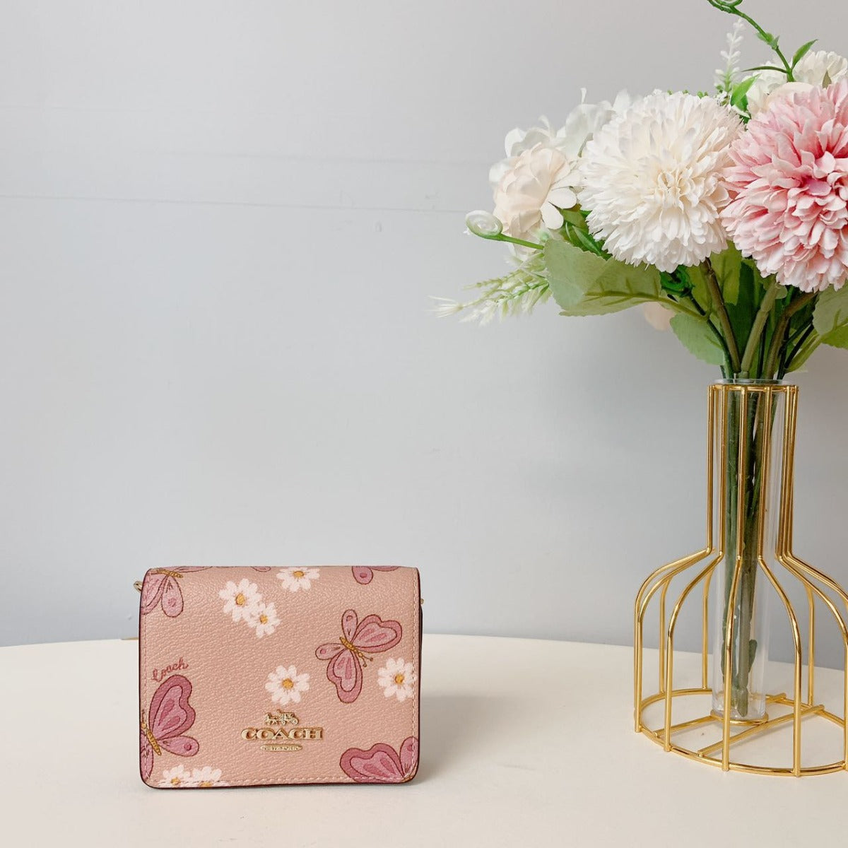 Coach CH254 Mini Wallet On A Chain With Lovely Butterfly Print IN Shell Pink Multi