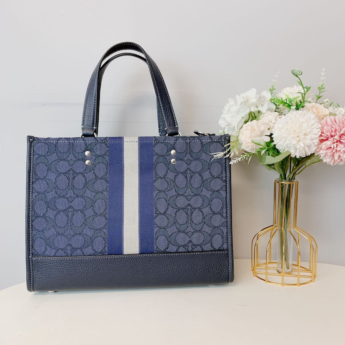 Coach C8448 Dempsey Carryall In Signature Jacquard With Stripe And Coach Patch IN Denim Midnight Navy Multi