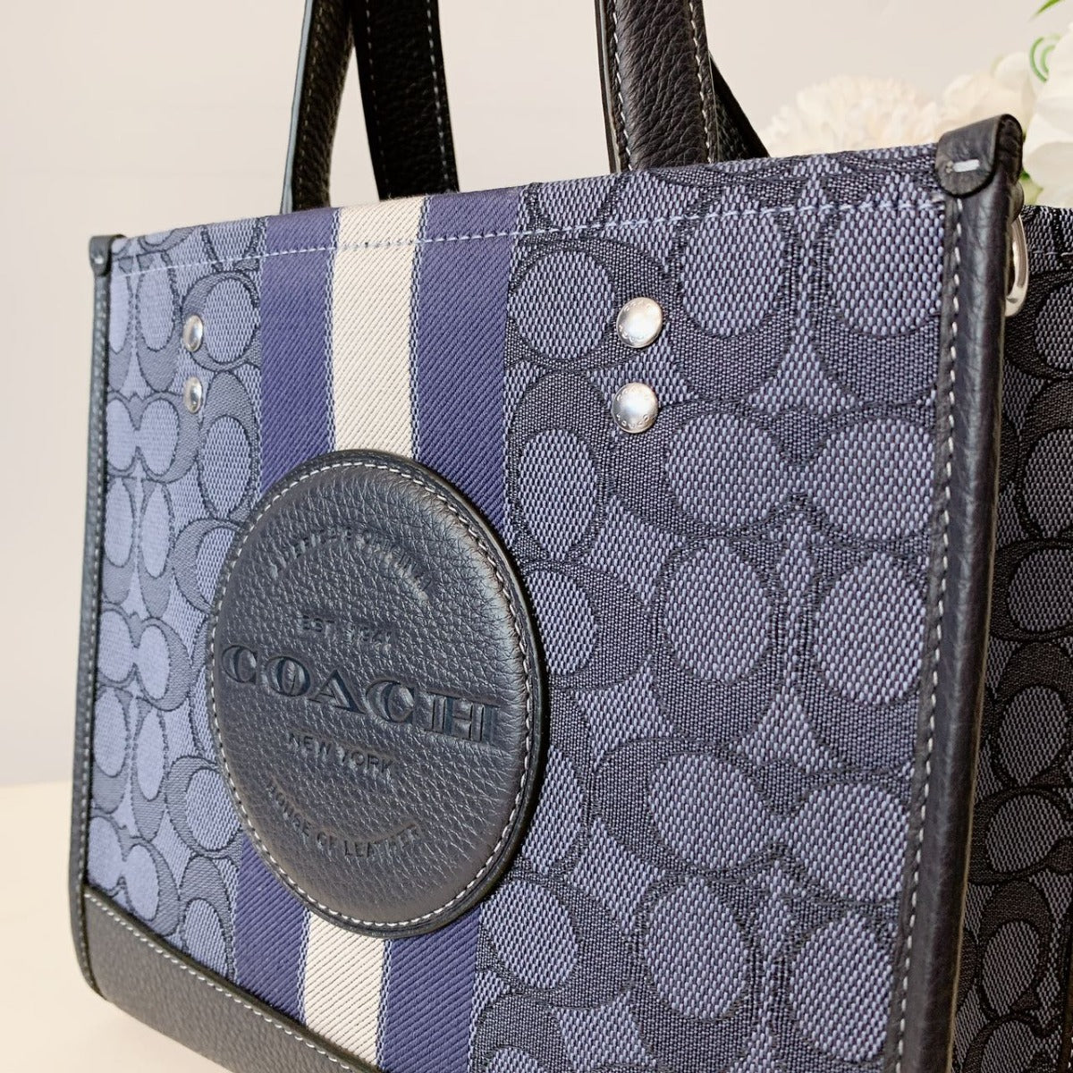 Coach C8417 Dempsey Tote 22 In Signature Jacquard With Stripe And Coach Patch IN Denim Midnight Navy Multi