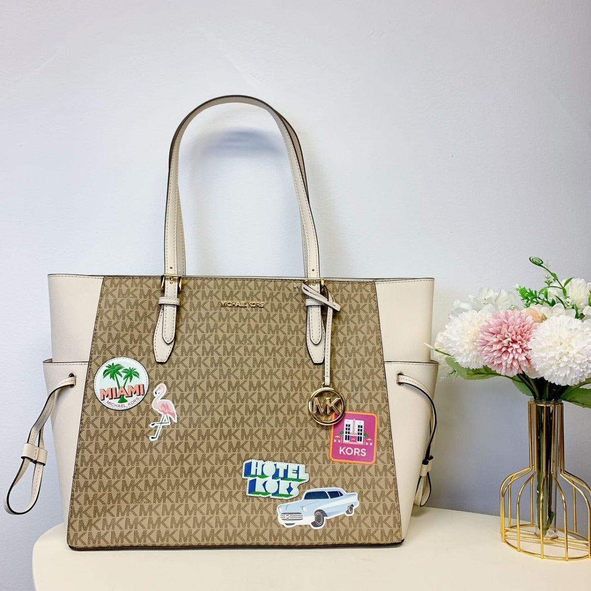Michael Kors 35S3G2GT7B Gilly Large Logo and Leather Tote Shoulder IN Light Cream Multi