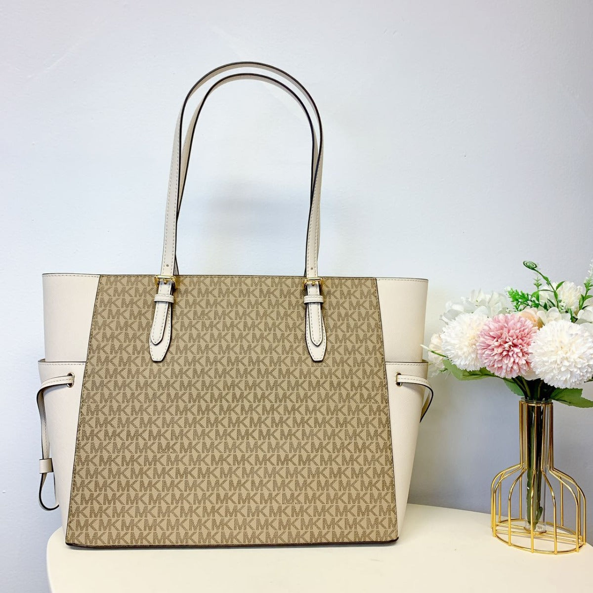 Michael Kors 35S3G2GT7B Gilly Large Logo and Leather Tote Shoulder IN Light Cream Multi