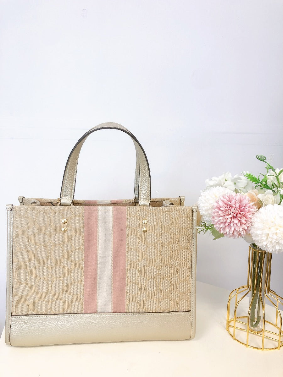 Coach CE984 Dempsey Carryall In Signature Jacquard With Stripe And Coach Patch IN Lt Khaki Metallic Soft Gold
