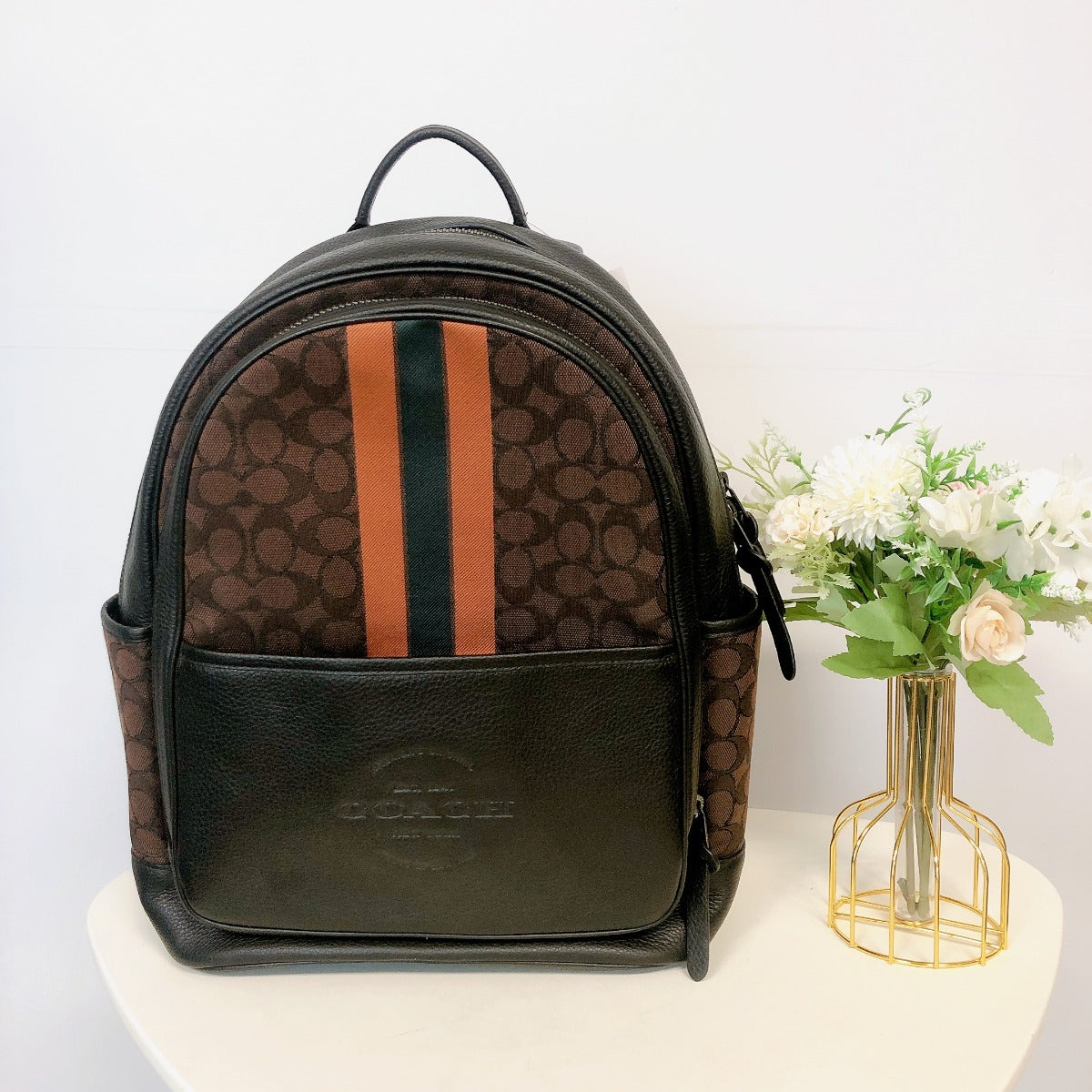 Coach C5389 Thompson Backpack In Signature Jacquard With Varsity Stripe In Mahogany Ginger Multi