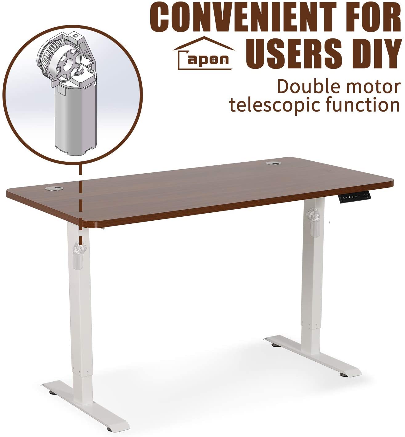 Electric Standing Desk, 55 x 28 Inches Height Adjustable Dual Motor Stand up Desk Workstation, Full Sit Stand Home Office Table, Whole-Piece Desk Board (White Frame/Brown Walnut Top)