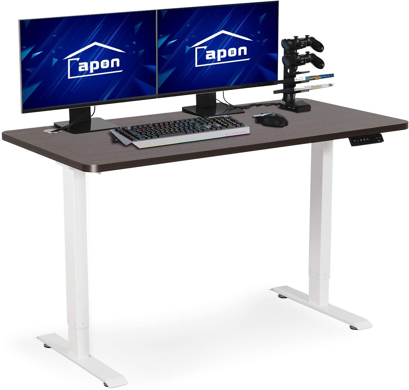 Electric Standing Desk, 55 x 28 Inches Height Adjustable Dual Motor Stand up Desk Workstation, Full Sit Stand Home Office Table, Whole-Piece Desk Board (White Frame/Black Top)
