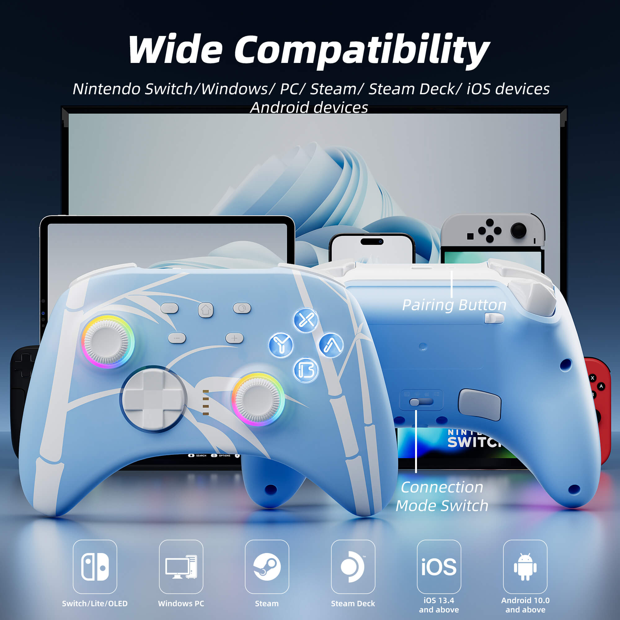 Mytrix Wireless Pro Controllers with Hall Effect Joysticks/Hall Trigger (No Drift), Blue Bluetooth Controller for Nintendo Switch