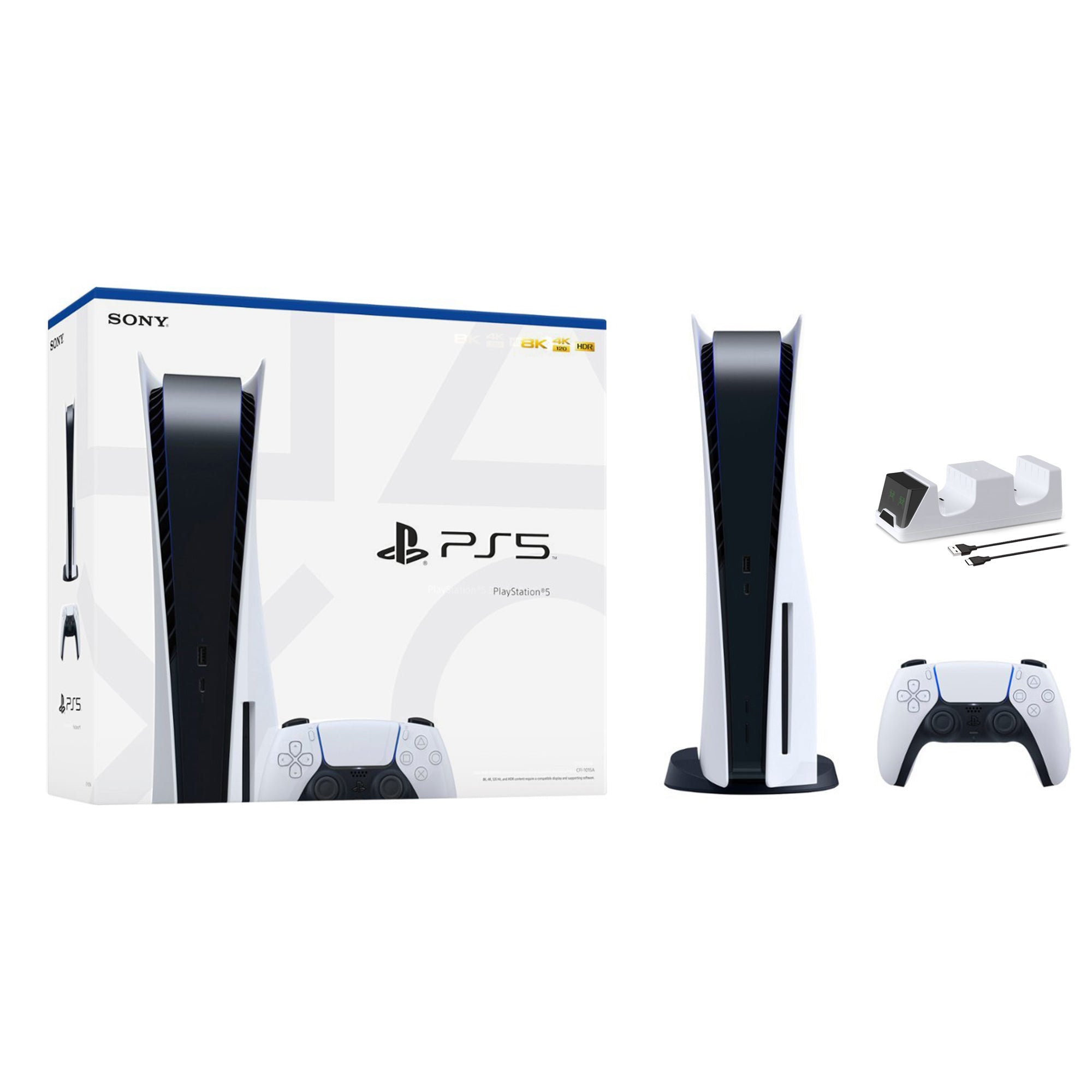 PlayStation 5 Disc Edition and Mytrix Controller Charger - White, PS5 825GB Gaming Console