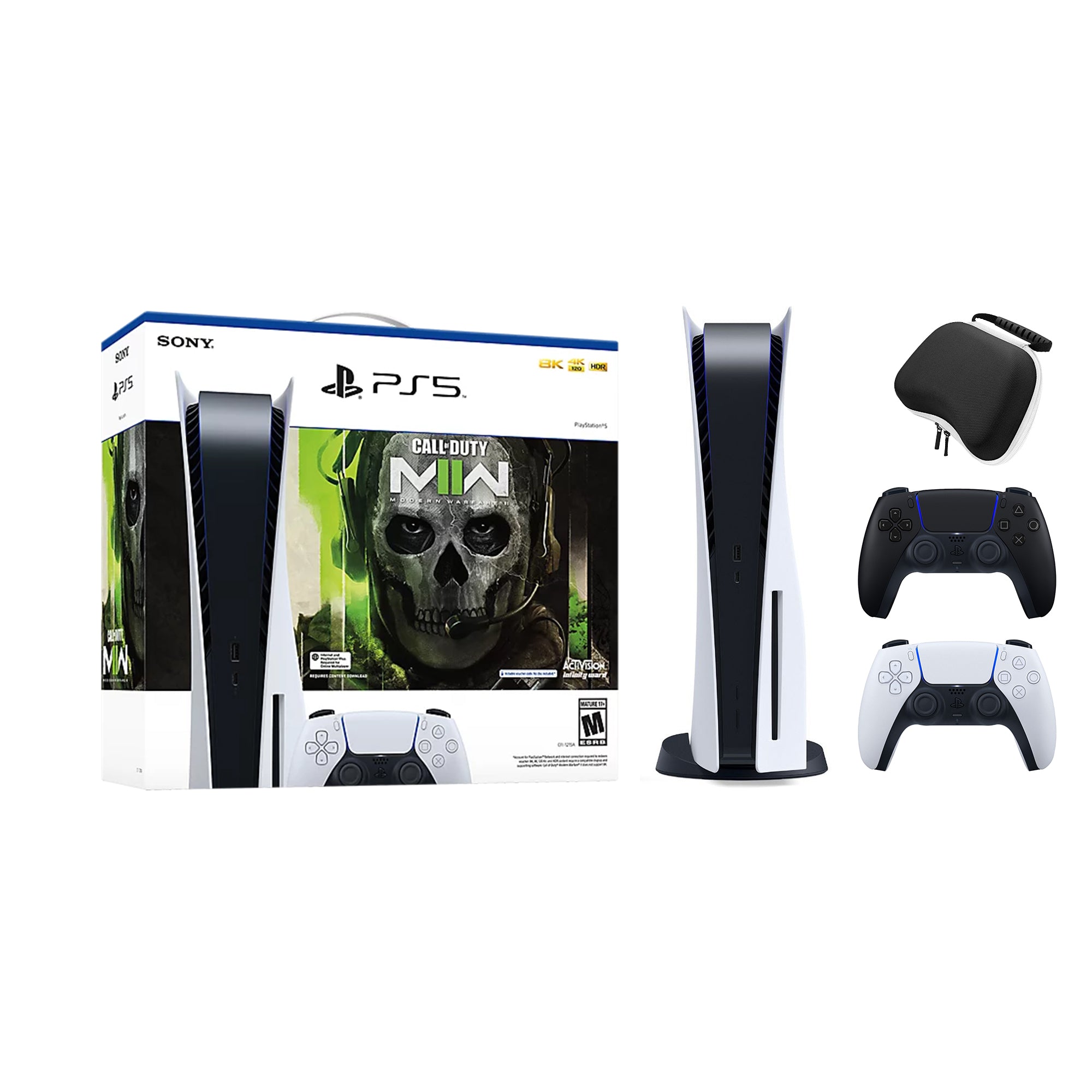 PlayStation 5 Disc Edition Call of Duty Modern Warfare II Bundle with Two Controllers White and Midnight Black DualSense and Mytrix Hard Shell Protective Controller Case
