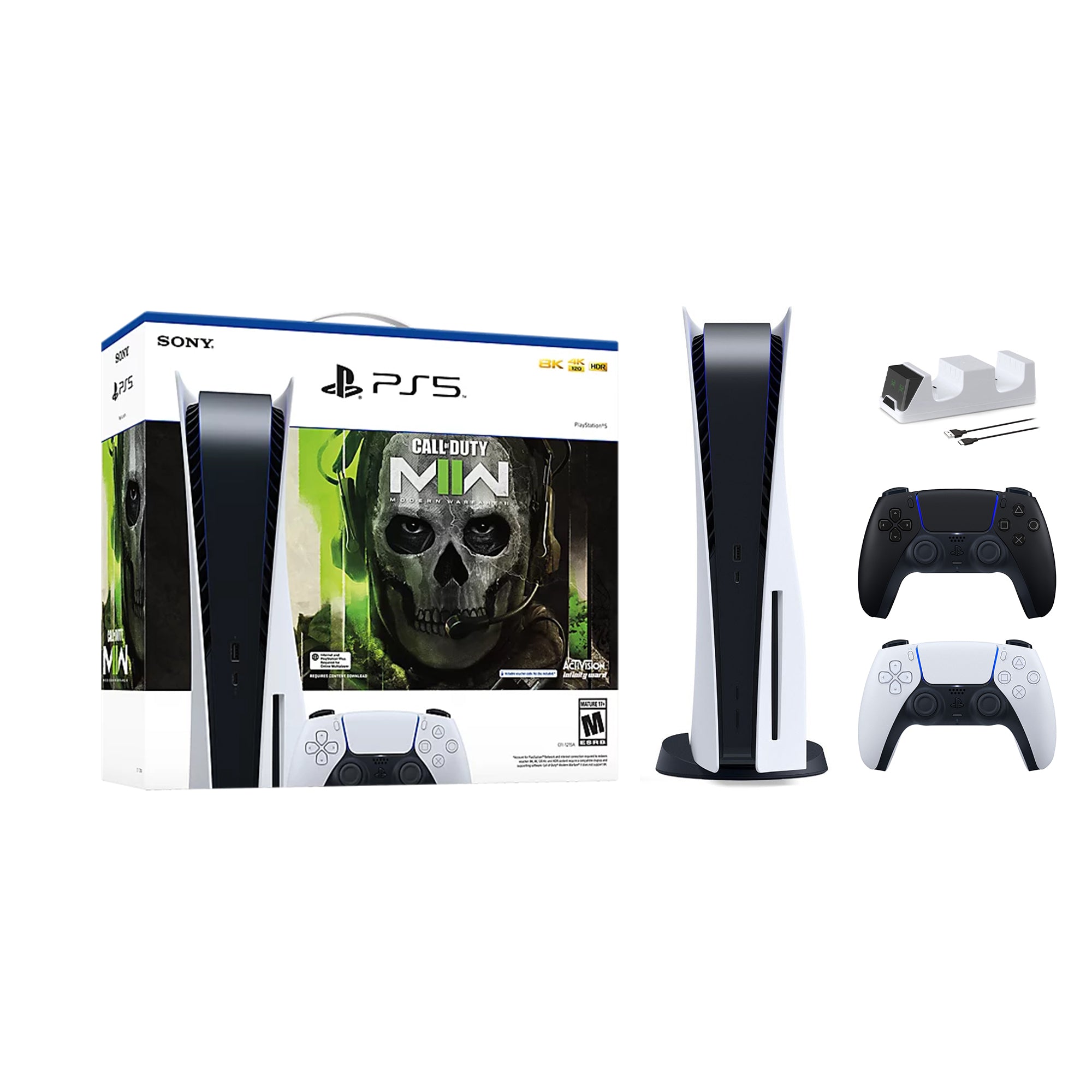 PlayStation 5 Disc Edition Call of Duty Modern Warfare II Bundle with Two Controllers White and Midnight Black DualSense and Mytrix Dual Controller Charger
