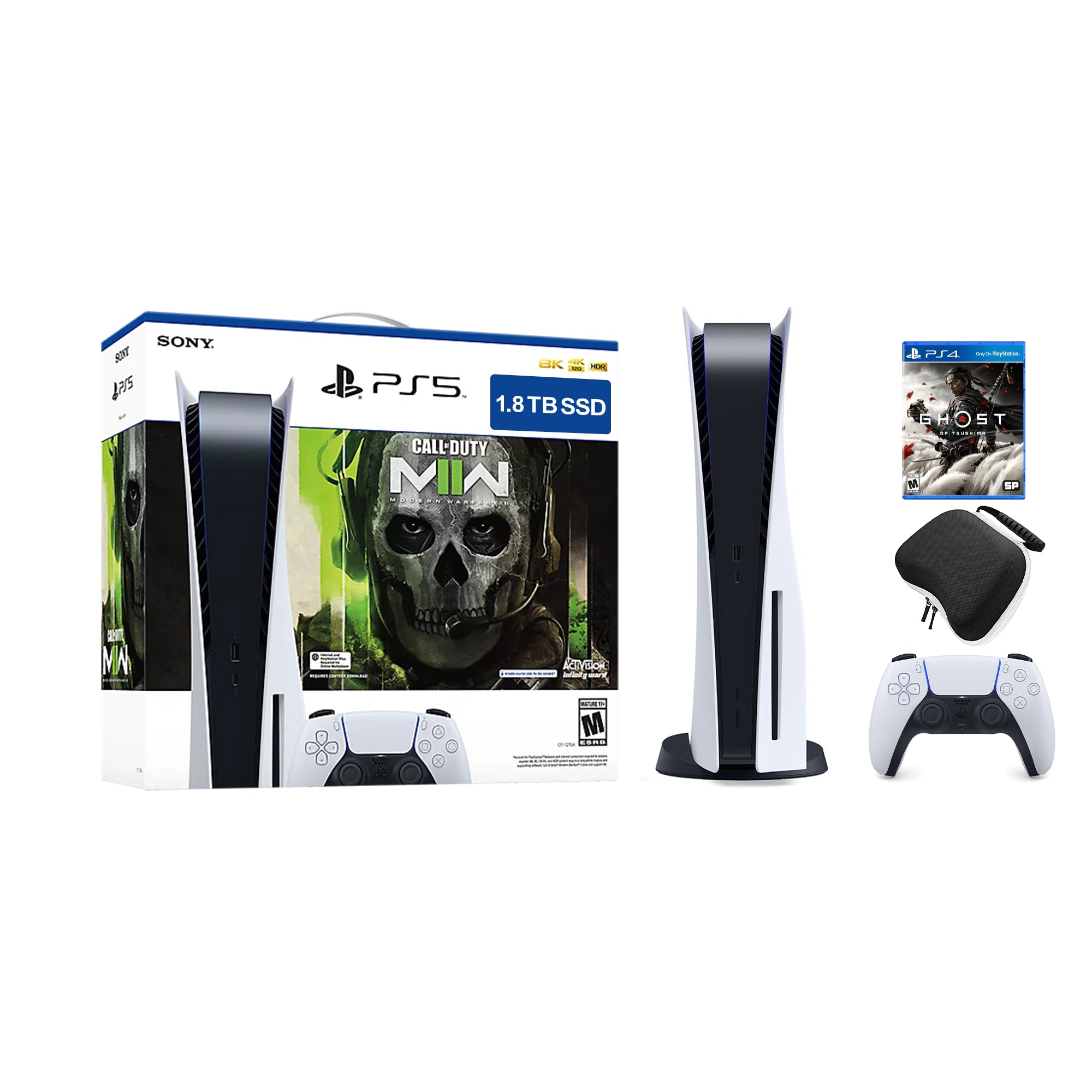 PlayStation 5 Upgraded 1.8TB Disc Edition Call of Duty Modern Warfare II Bundle with Ghost of Tsushima and Mytrix Controller Case