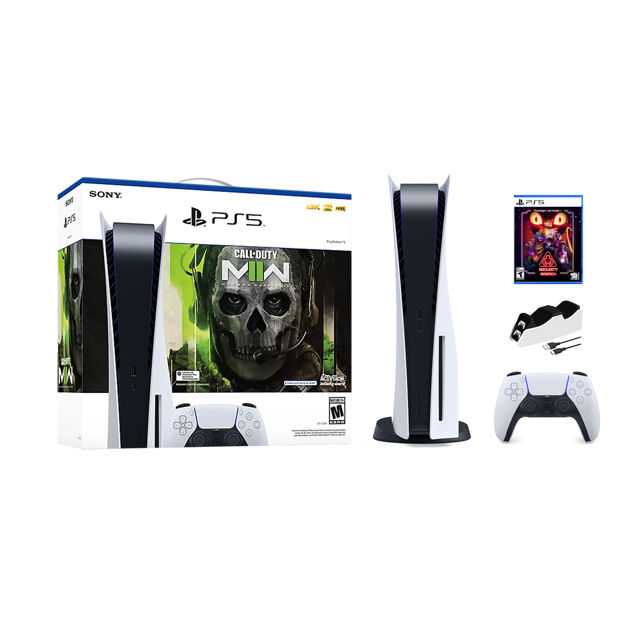 PlayStation 5 Disc Edition Call of Duty Modern Warfare II Bundle with Five Nights at Freddy's Security Breach and Mytrix Controller Charger