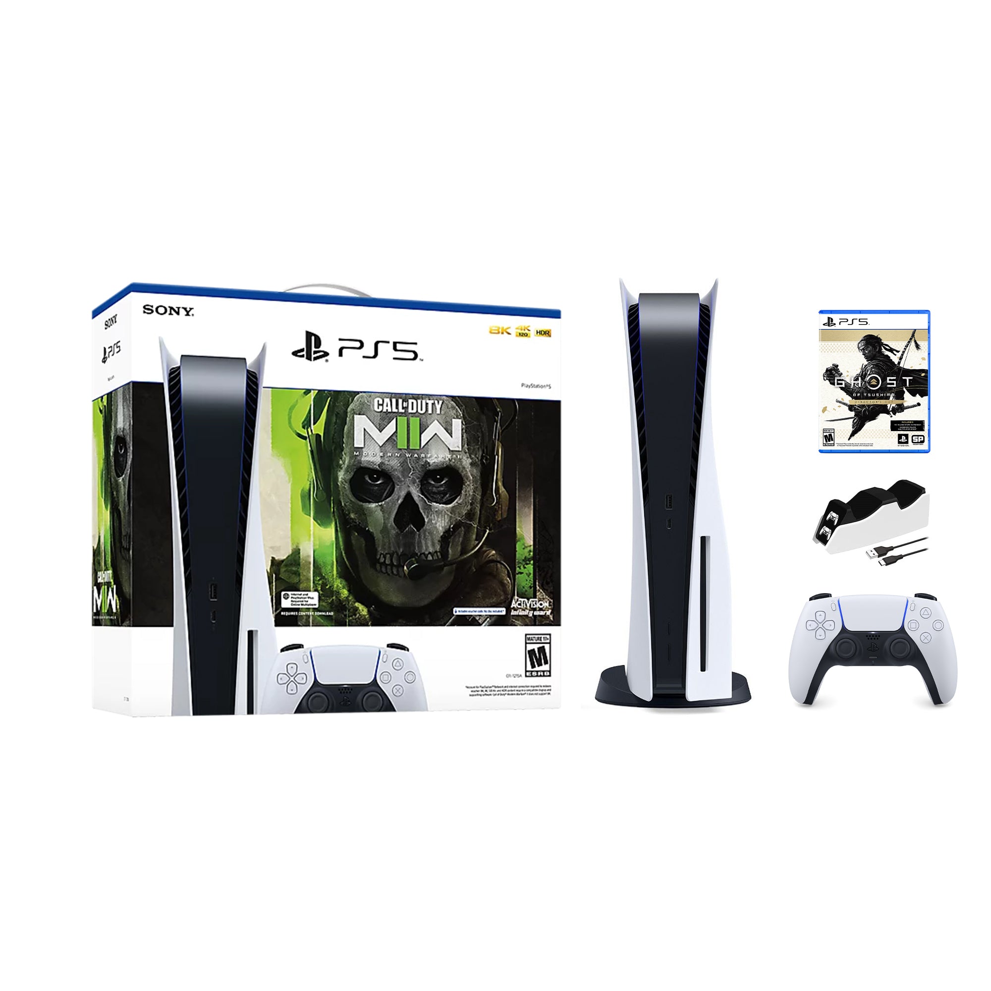 PlayStation 5 Disc Edition Call of Duty Modern Warfare II Bundle with Ghost of Tsushima Director's Cut and Mytrix Controller Charger