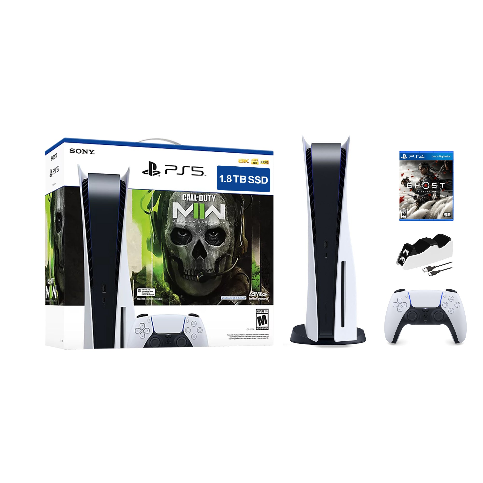 PlayStation 5 Upgraded 1.8TB Disc Edition Call of Duty Modern Warfare II Bundle with Ghost of Tsushima and Mytrix Controller Charger